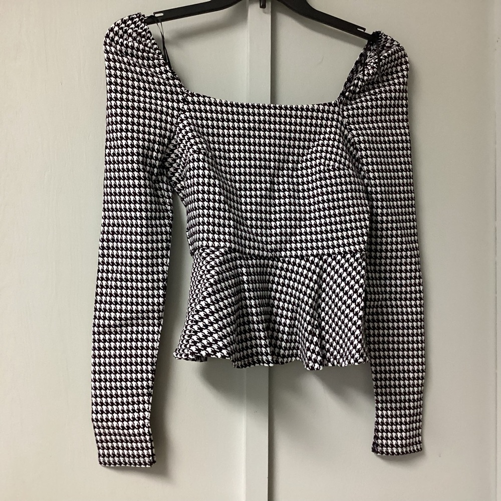 Francesca Miami Peplum Top Size Medium Long Sleeve Sleeve Square Neck Plaid New